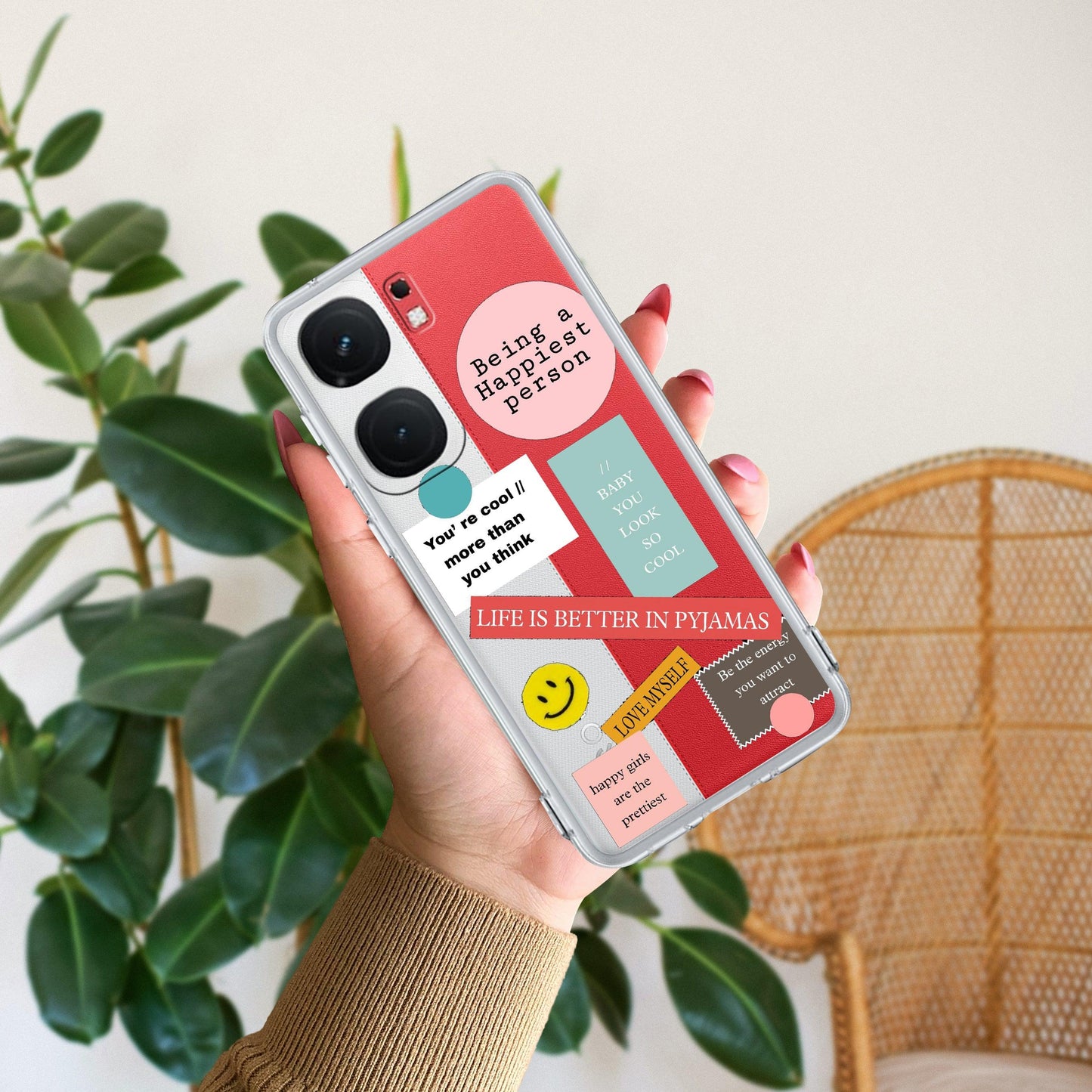 Stickers Happiest Person Transparent Silicon Case Peach For iQOO - ShopOnCliQ