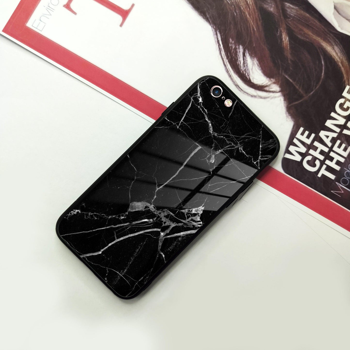 Black Marble Patter Glass Case Cover For iPhone