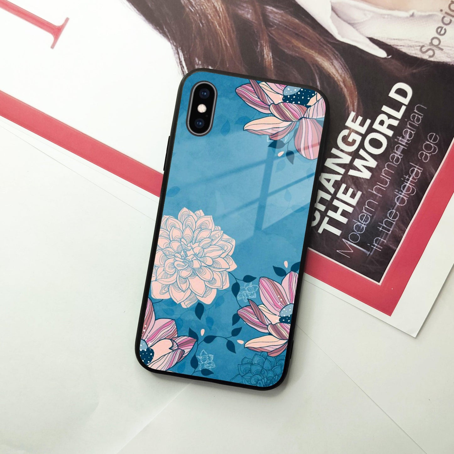 Blue Flower Glass Case Cover For iPhone