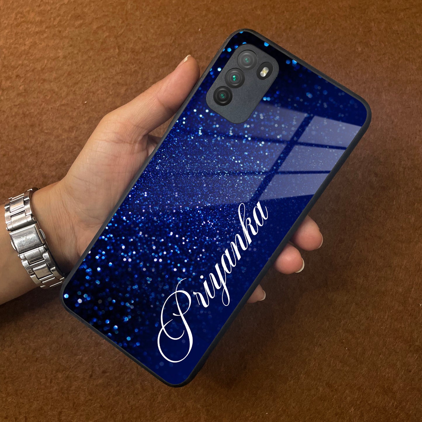 Blue Glitter Customize Glass Case Cover For Poco