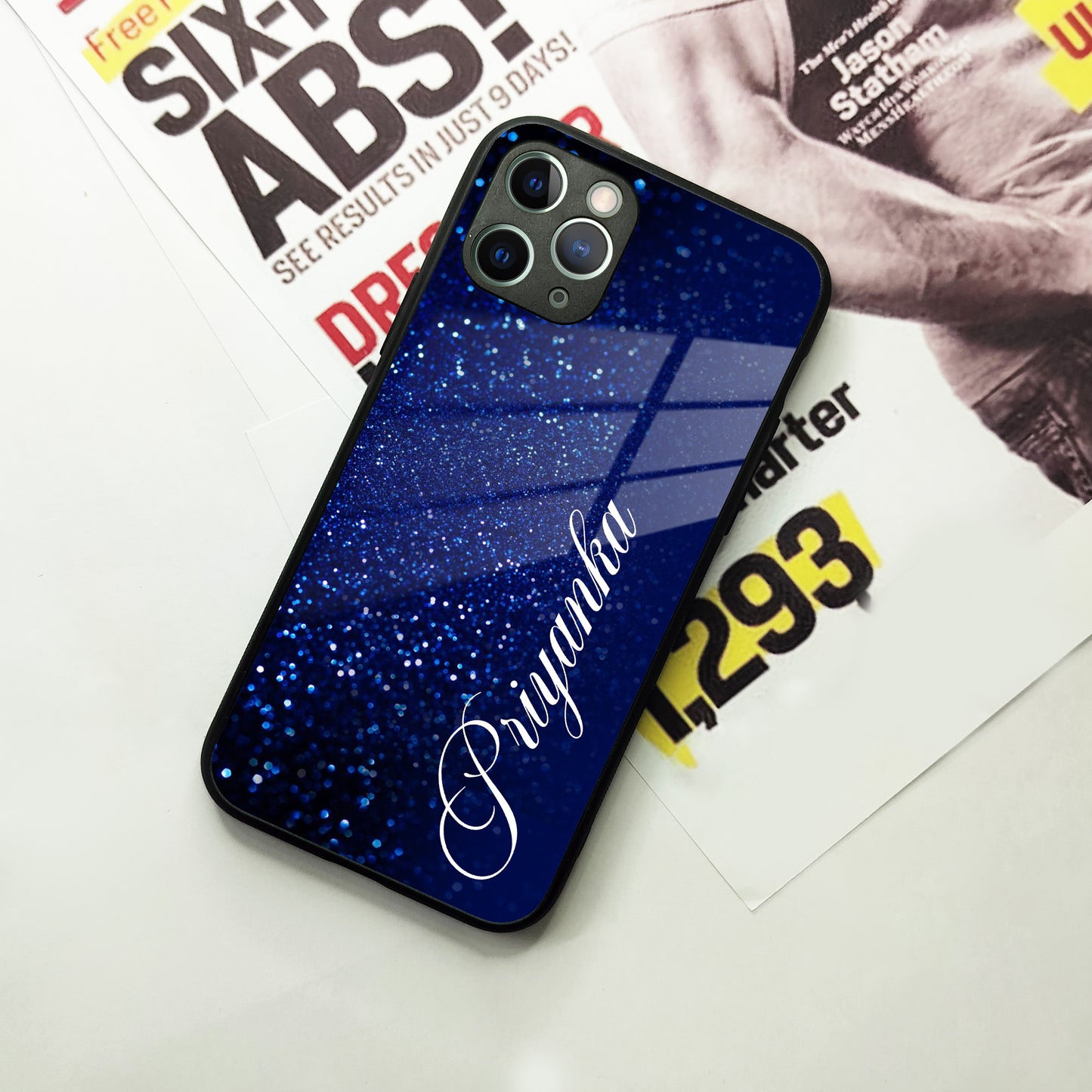 Blue Glitter Customize Glass Case Cover For iPhone