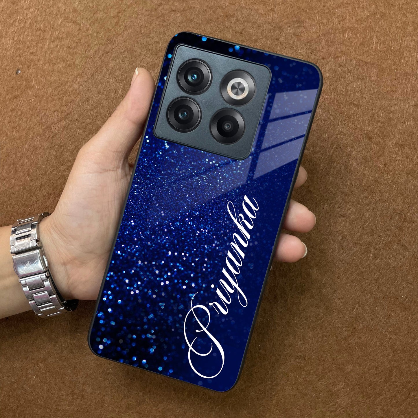 Blue Glitter Customize Glass Case Cover For Oneplus