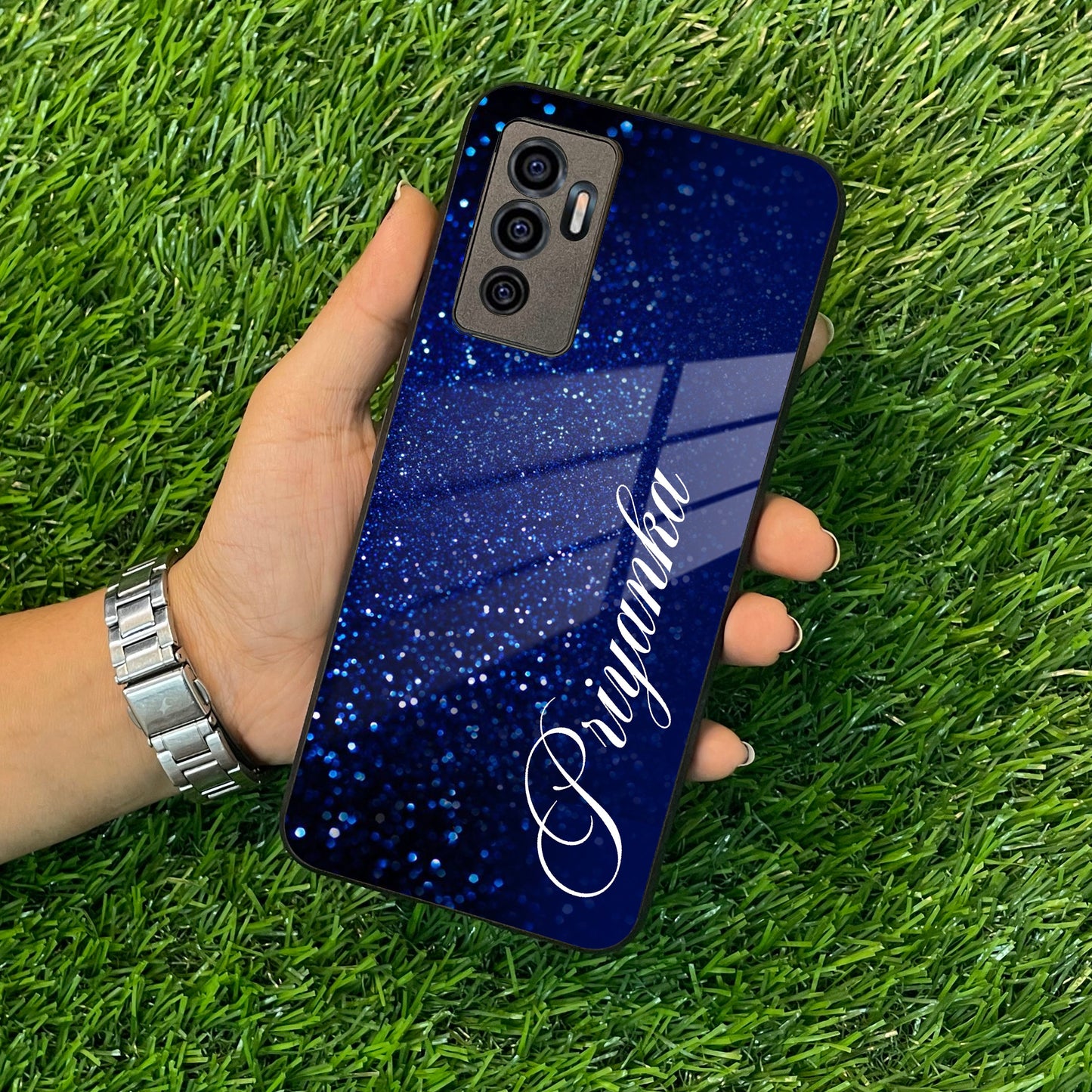Blue Glitter Customize Glass Case Cover For Vivo