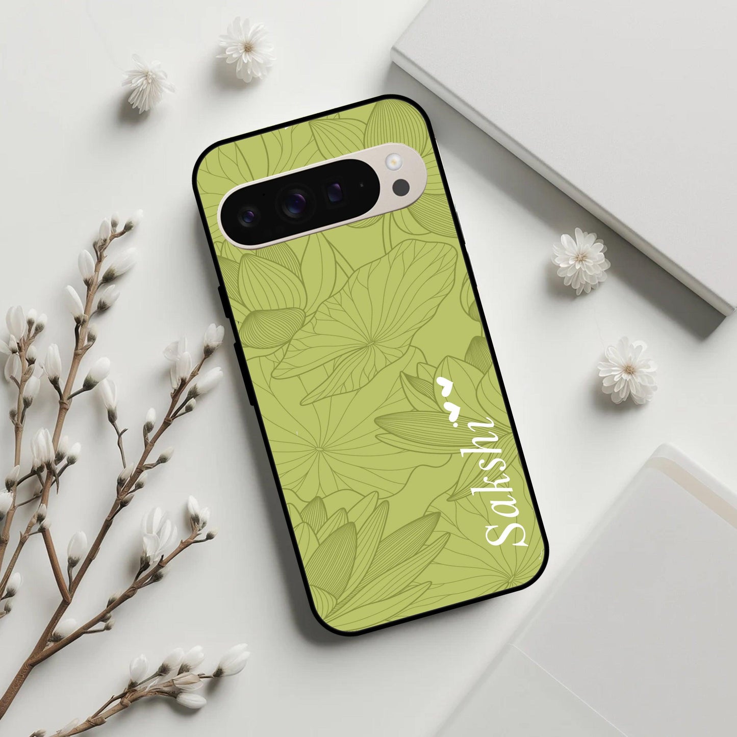 Customized luxury Mint Green leaves Glossy Metal Case Cover For Google