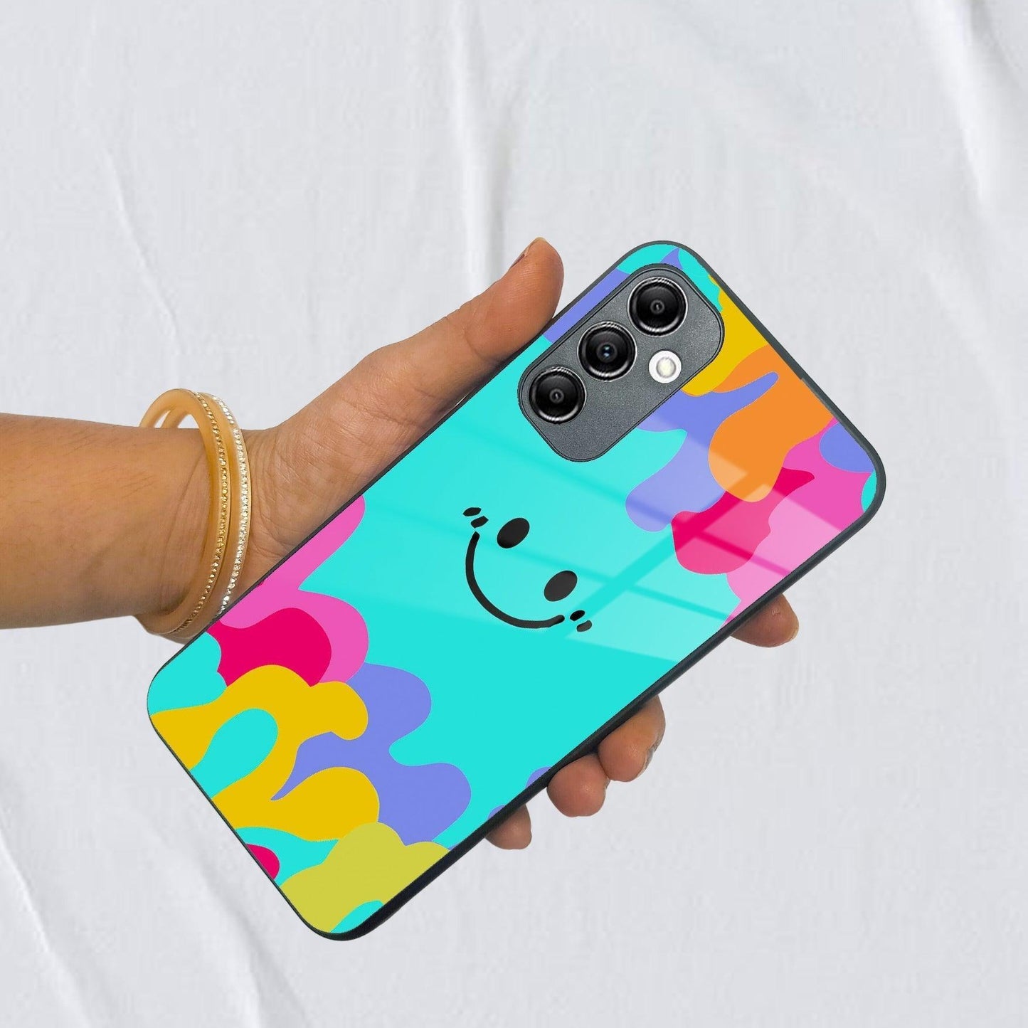 Cute Blue Smiley Multicolor Glass Case For Samsung