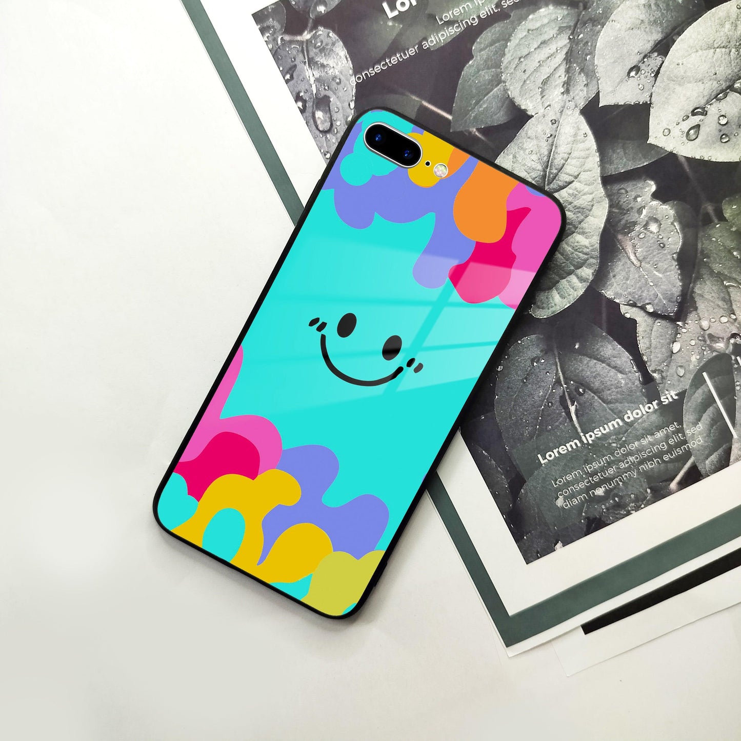 Cute Blue Smiley Multicolor Glass Case For iPhone