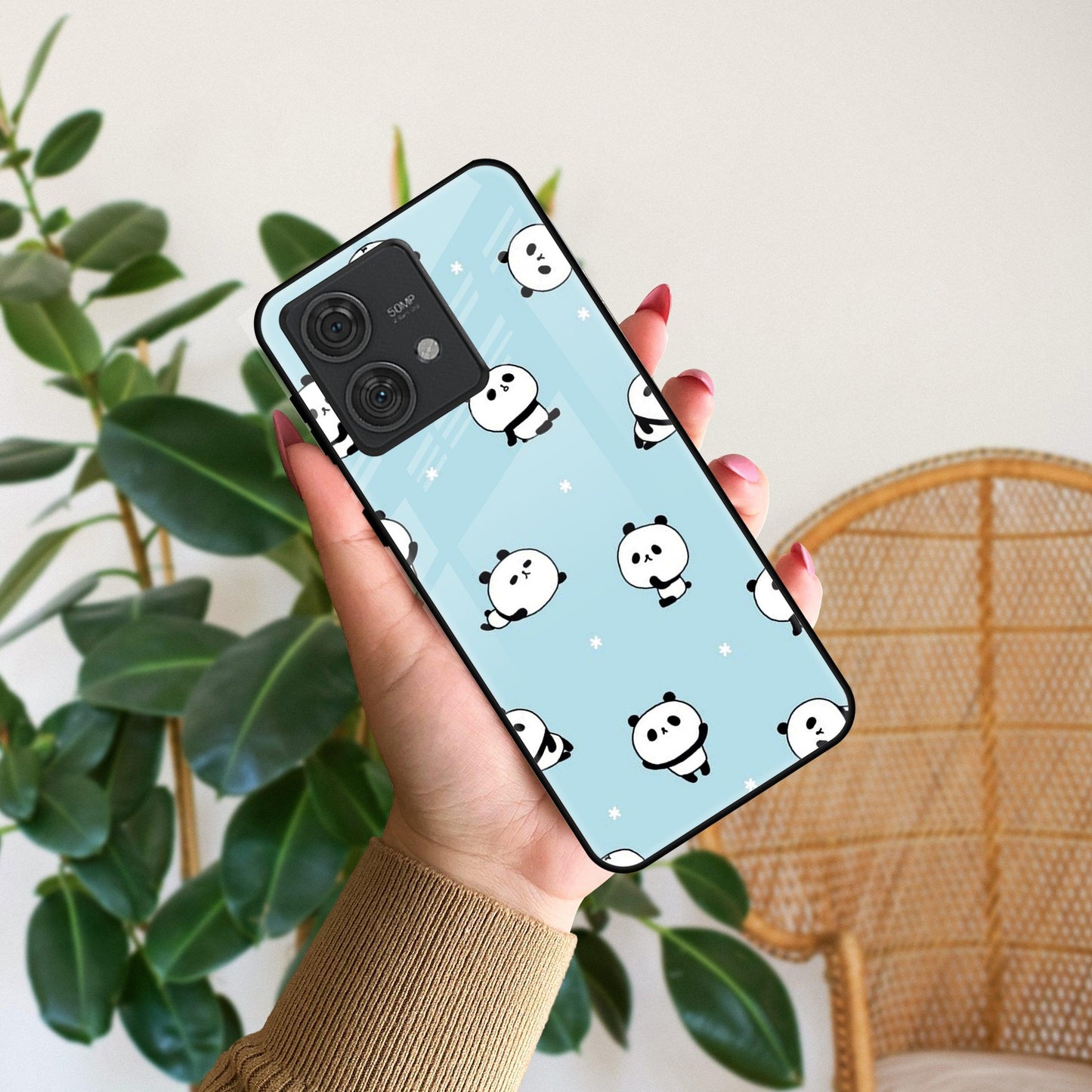 Cute Panda Blue Glossy Metal Case Cover For Motorola