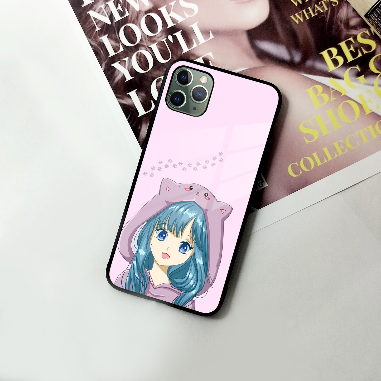 Purple Aesthetic Girl With Cat Phone Glass Case Cover For iPhone