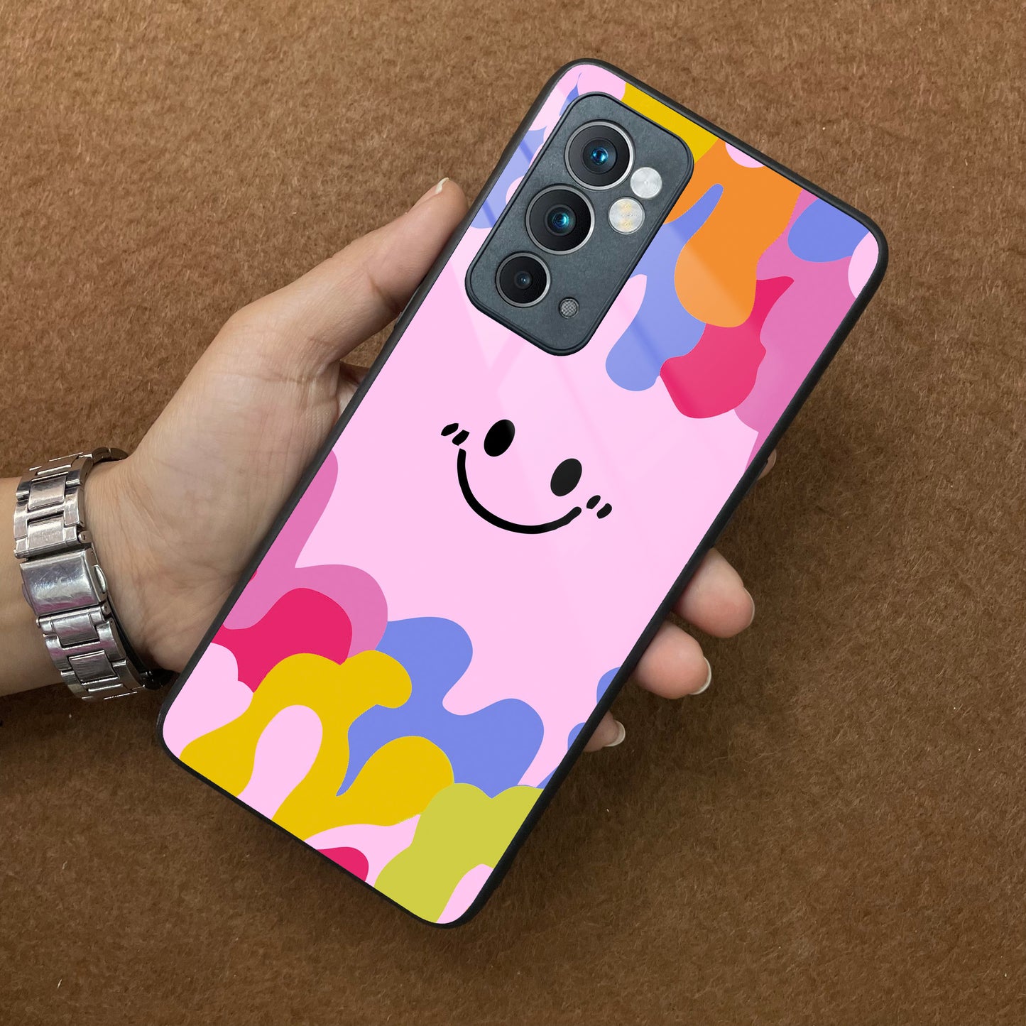 Cute Pink Smiley Multicolor Glass Case For OnePlus