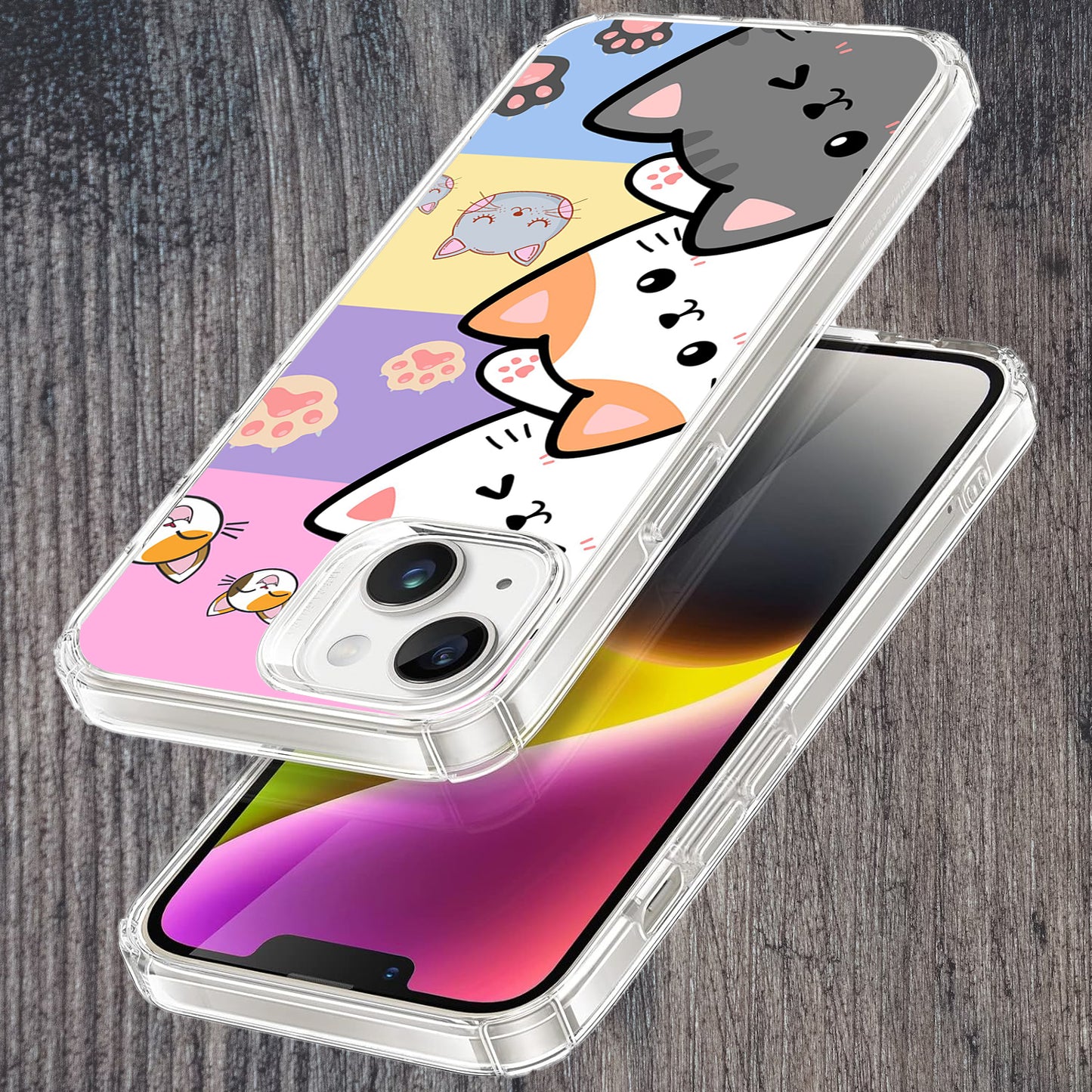 Phone case with cartoon cat design on a wooden surface