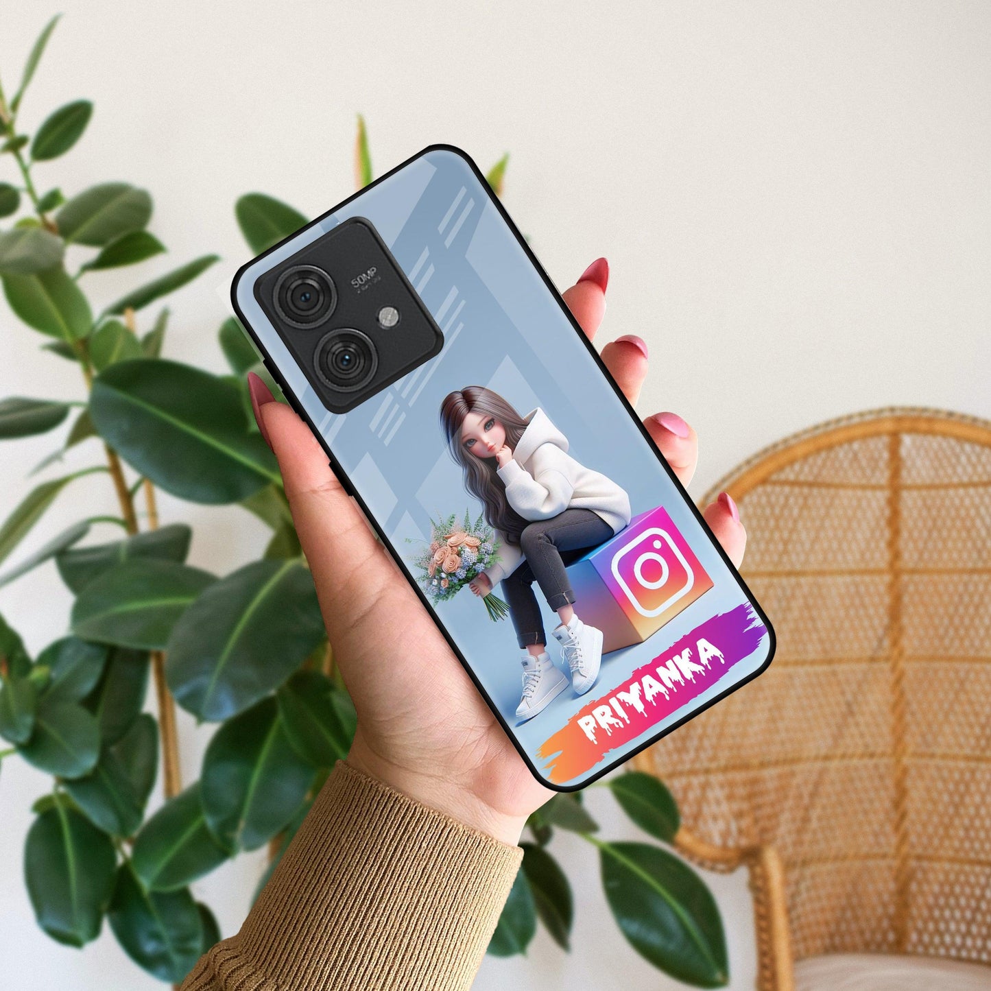 Girl With Flower Glossy Metal Case Cover For Motorola