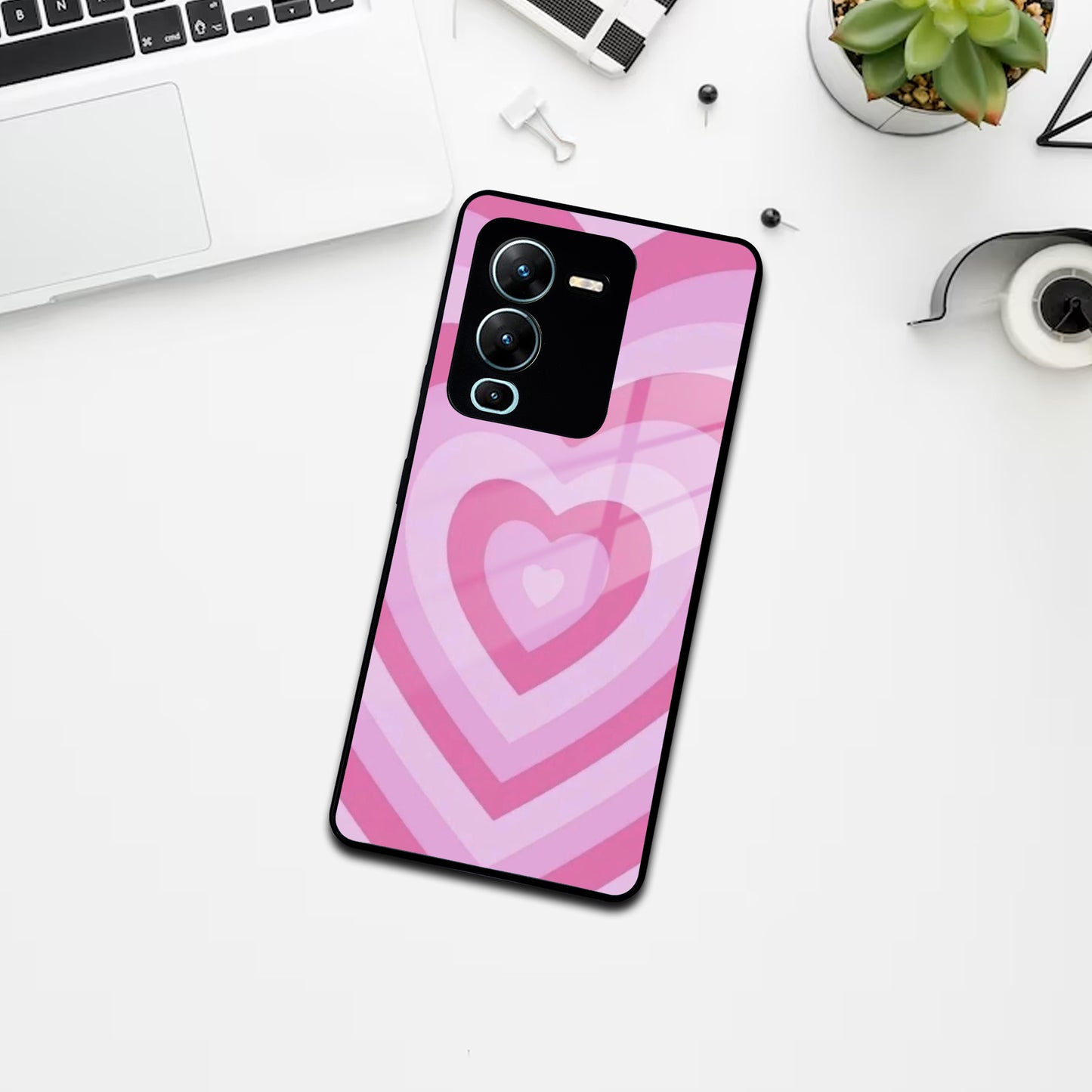 Latte Love Patter Glass Case Cover - Pink For Vivo