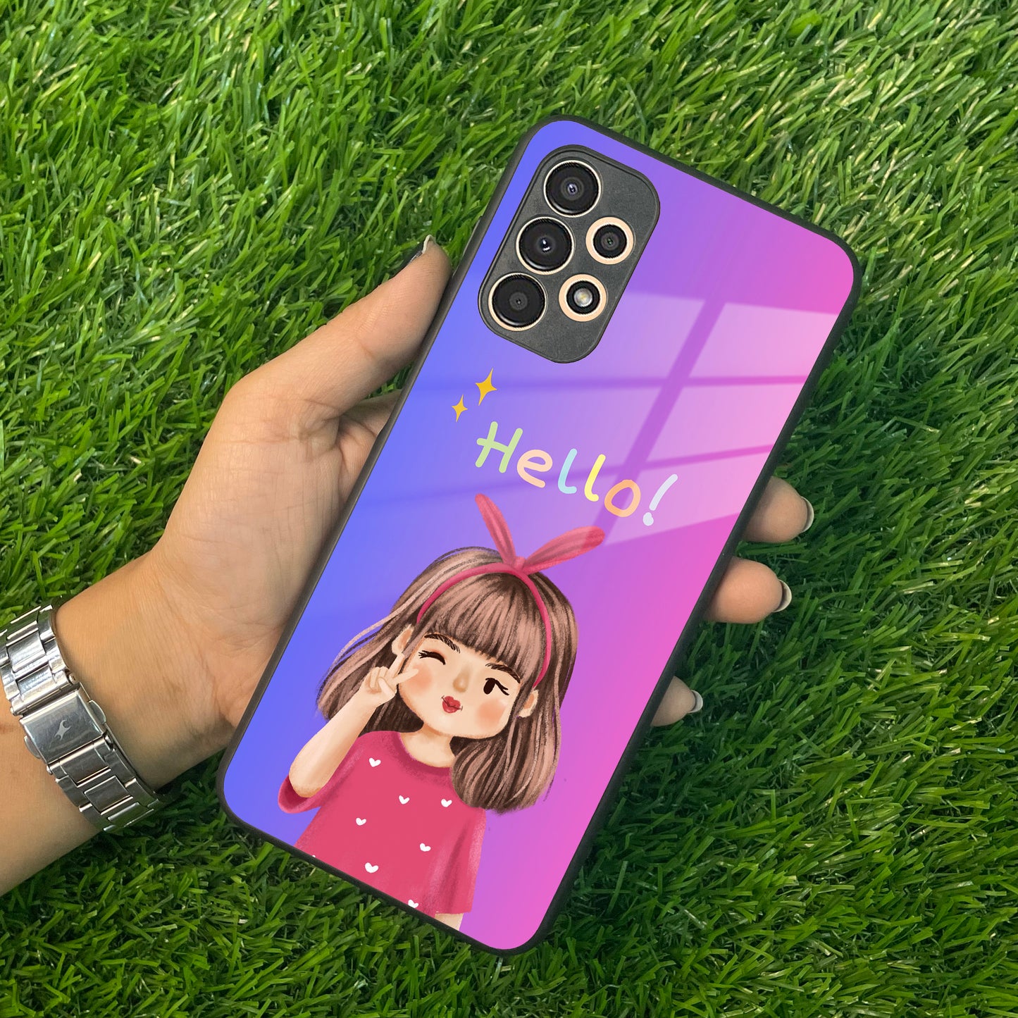Cute Girl Hello Glass Case For Samsung