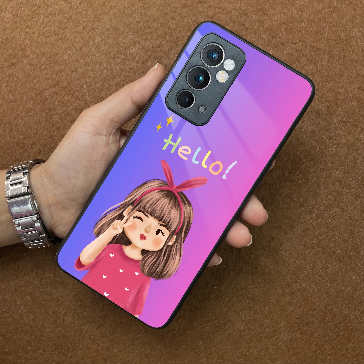 Cute Girl Hello Glass Case For OnePlus