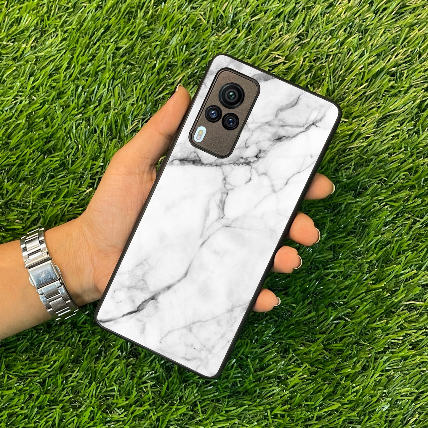 White Marble Patter Glass Case Cover  For Vivo