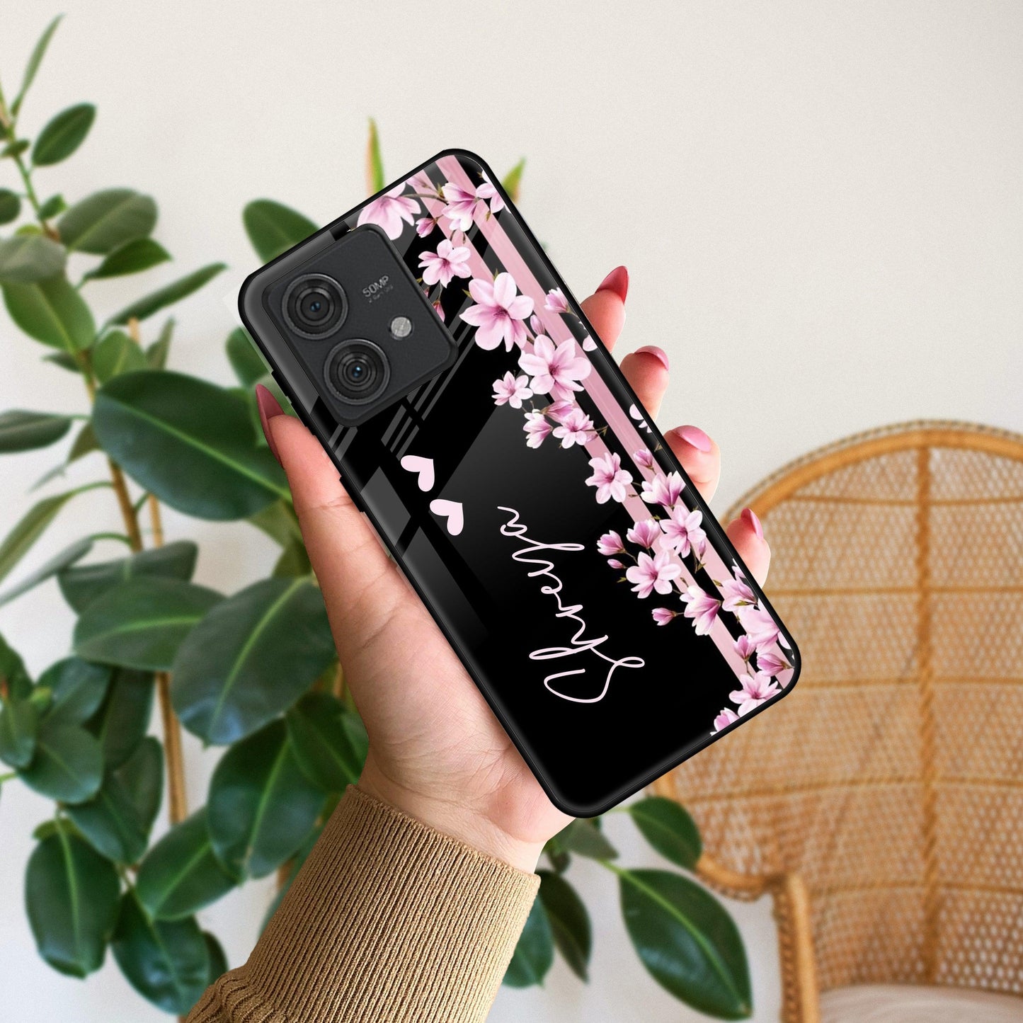 Pink Floral Glossy Metal Case Cover For Motorola