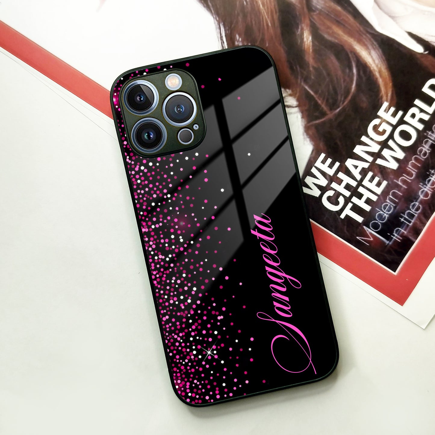 Pink Glitter Customize Glass Case Cover For iPhone