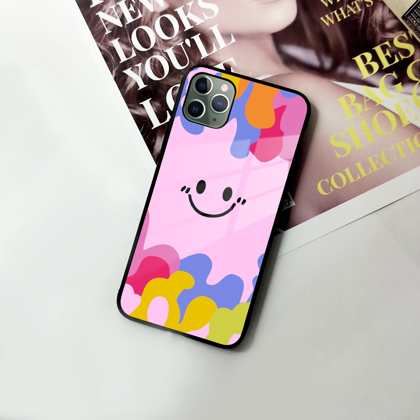 Cute Pink Smiley Multicolor Glass Case For iPhone