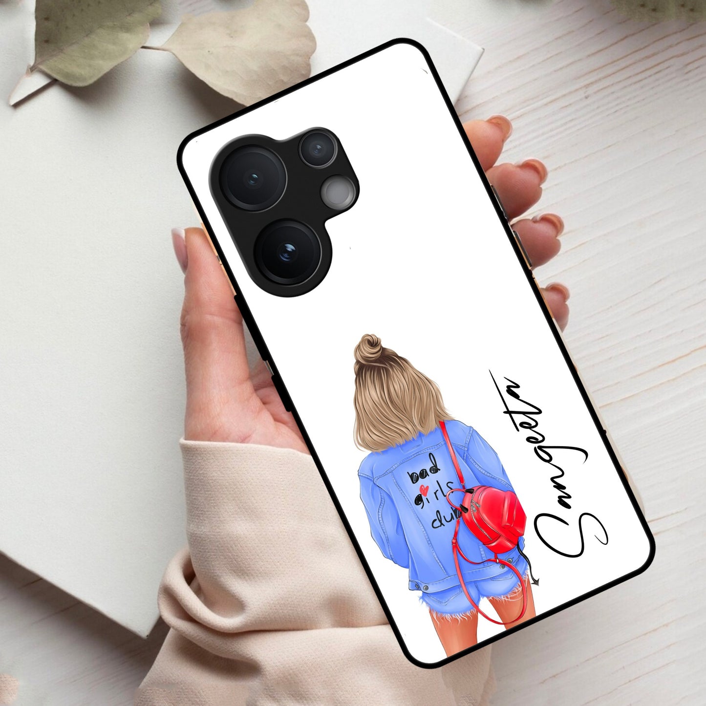 Bag Girl Customize Name Glass Case For Vivo