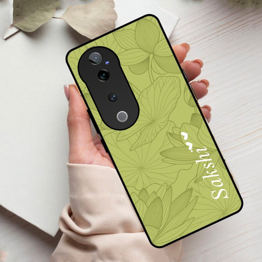 Customized luxury Mint Green leaves Glass Case Cover For Vivo