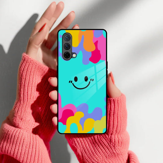 Cute Blue Smiley Multicolor Glass Case For OnePlus