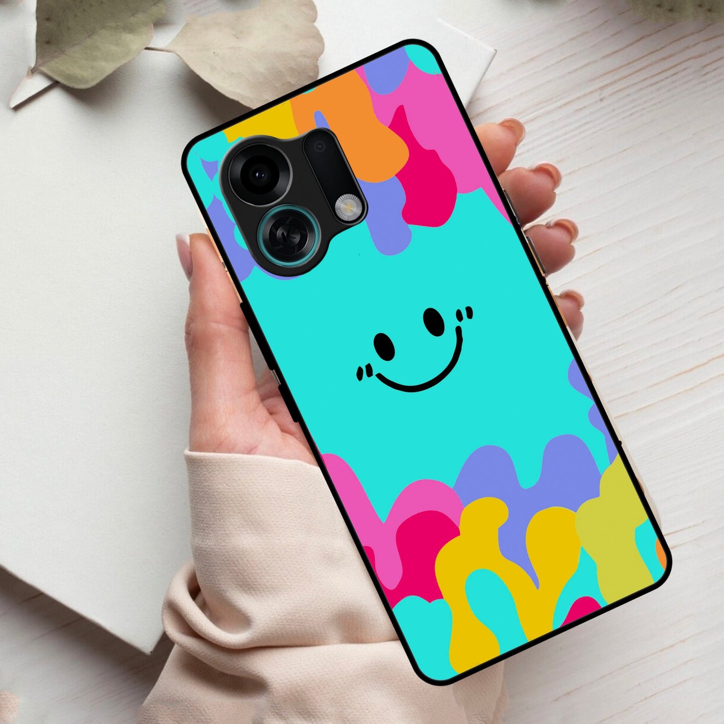 Cute Blue Smiley Multicolor Glass Case For Oppo