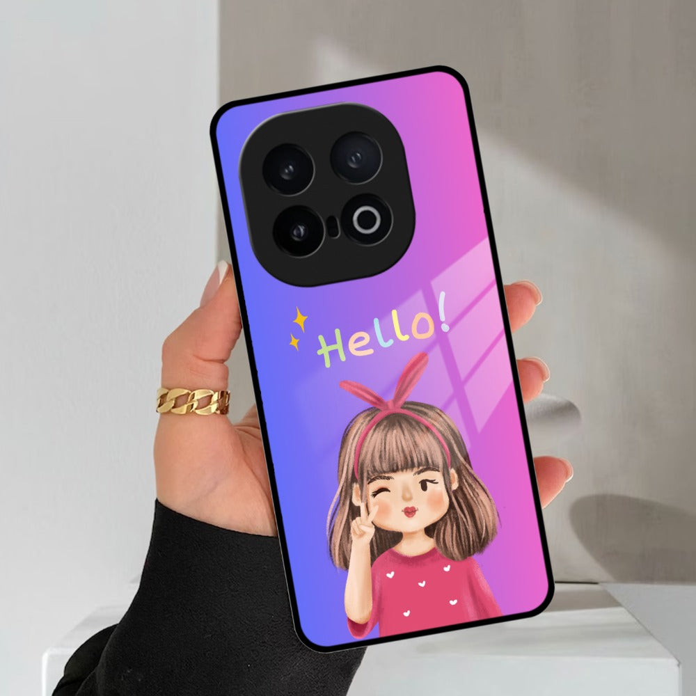 Cute Girl Hello Glass Case For iQOO