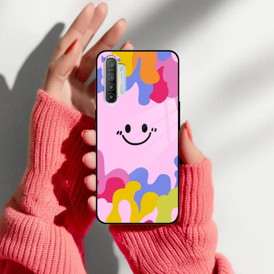 Cute Pink Smiley Multicolor Glass Case For Realme/Narzo