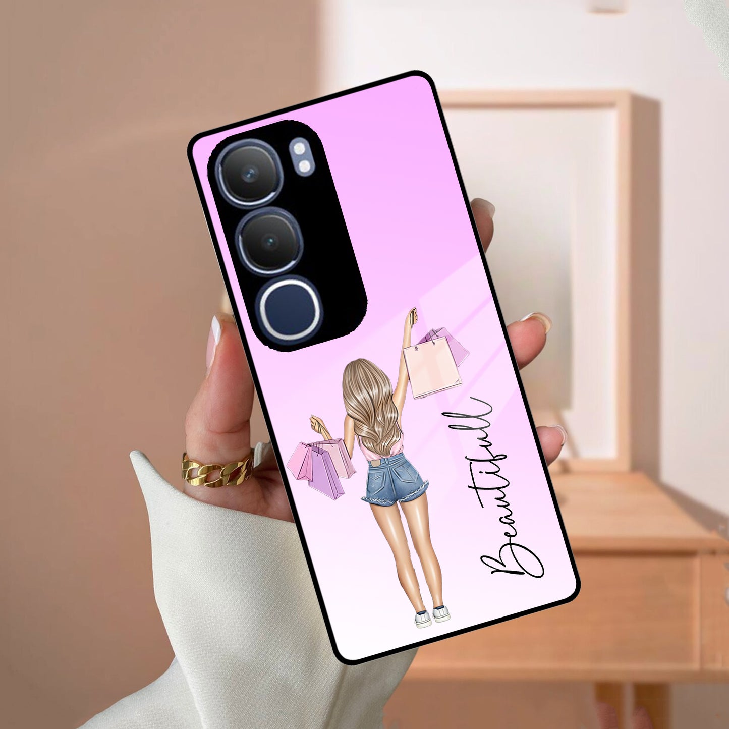 Girl With Bag Customize Name Glass Case For Vivo