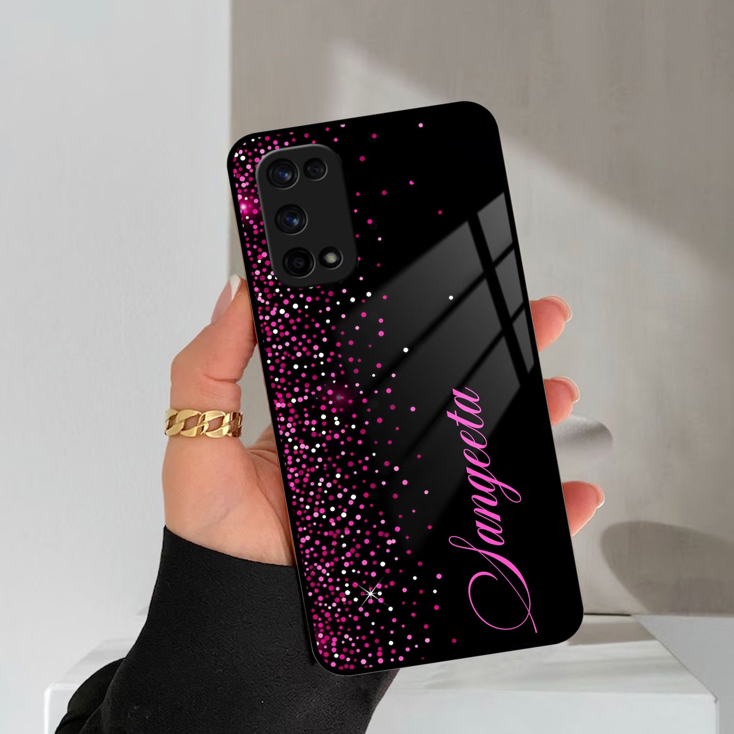 Pink Glitter Customize Glass Case Cover For Realme/Narzo