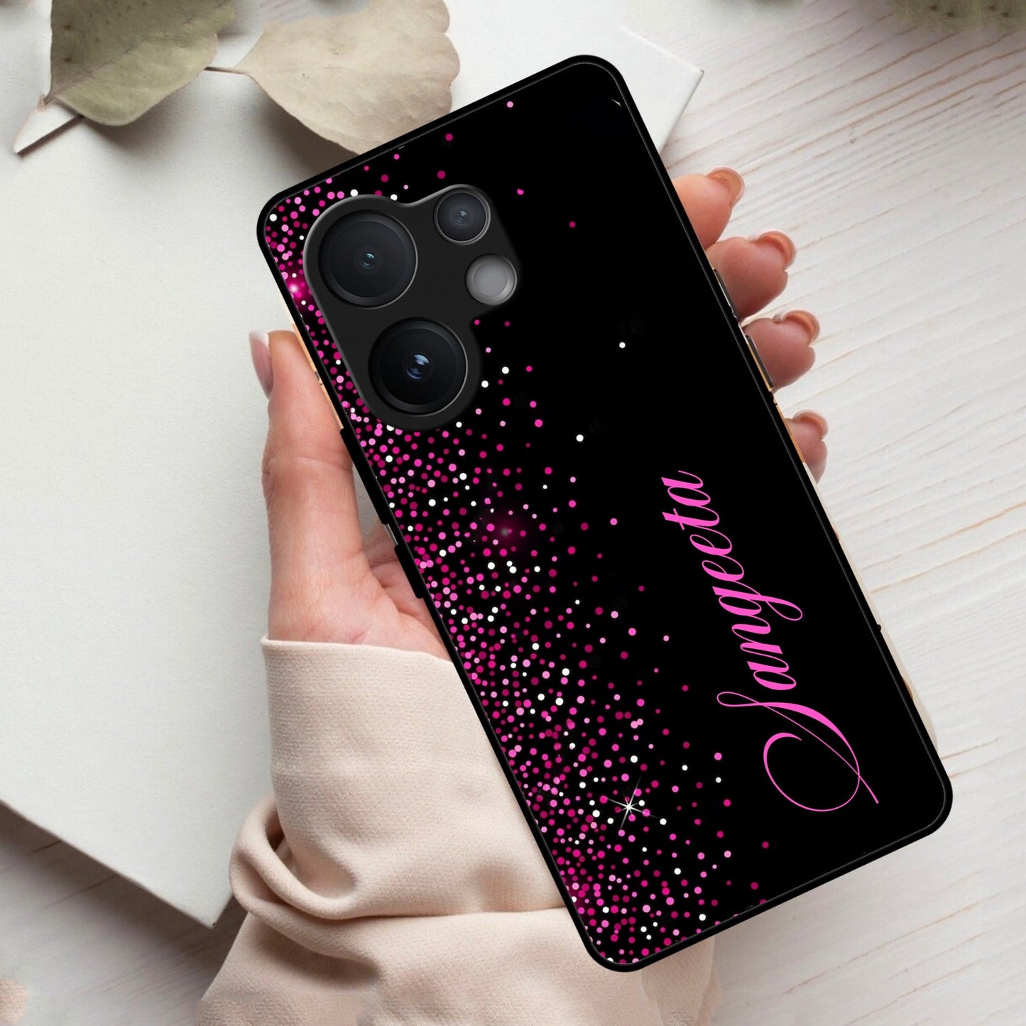 Pink Glitter Customize Glass Case Cover For Vivo