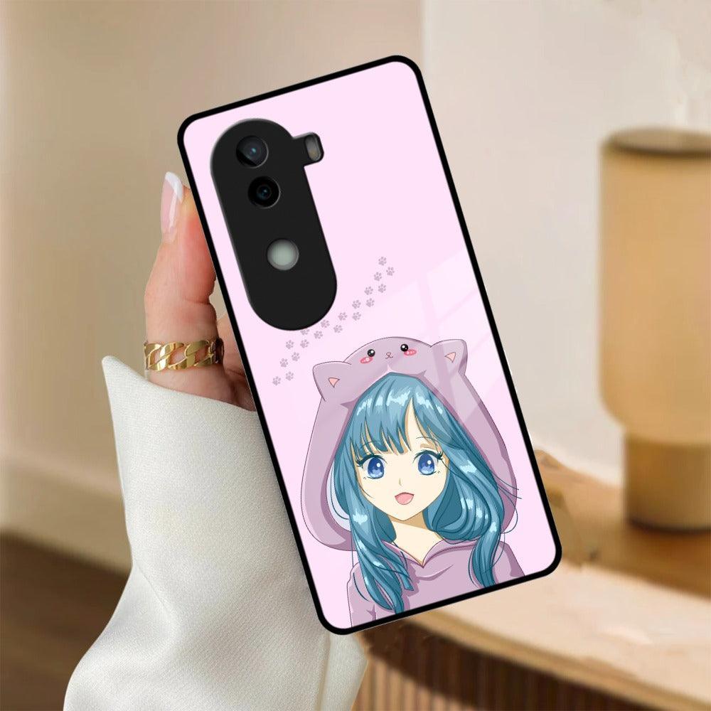 Purple Aesthetic Girl With Cat Phone Glass Case Cover For iQOO - ShopOnCliQ