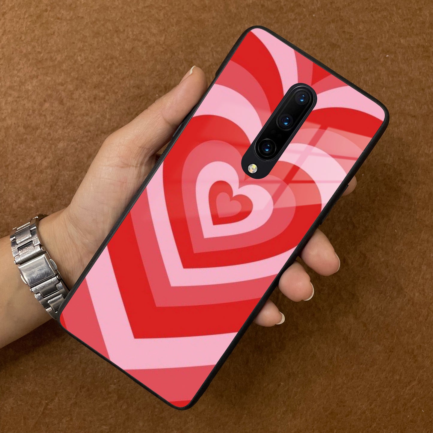 Latte Love Patter Glass Case Cover - Red For OnePlus