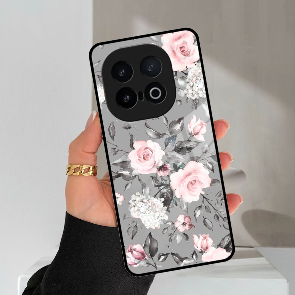 Retro Floral Glossy Glass Case Cover V2 For iQOO