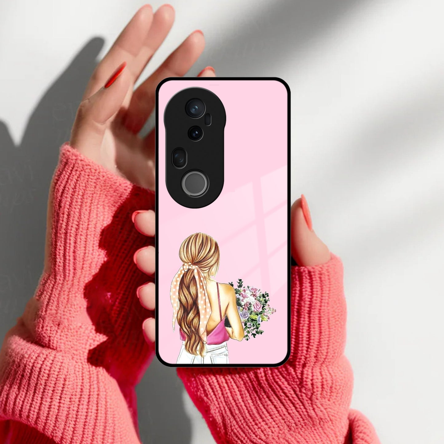 Styles Girl With Flower Glass Case For Vivo