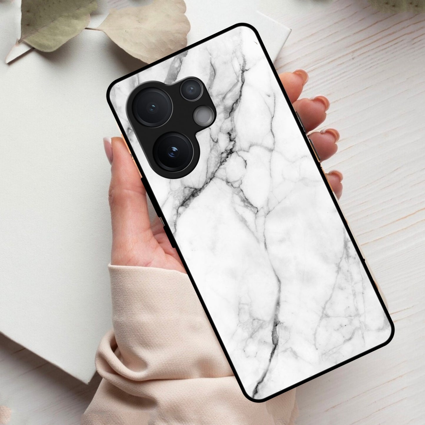 White Marble Patter Glass Case Cover For Vivo