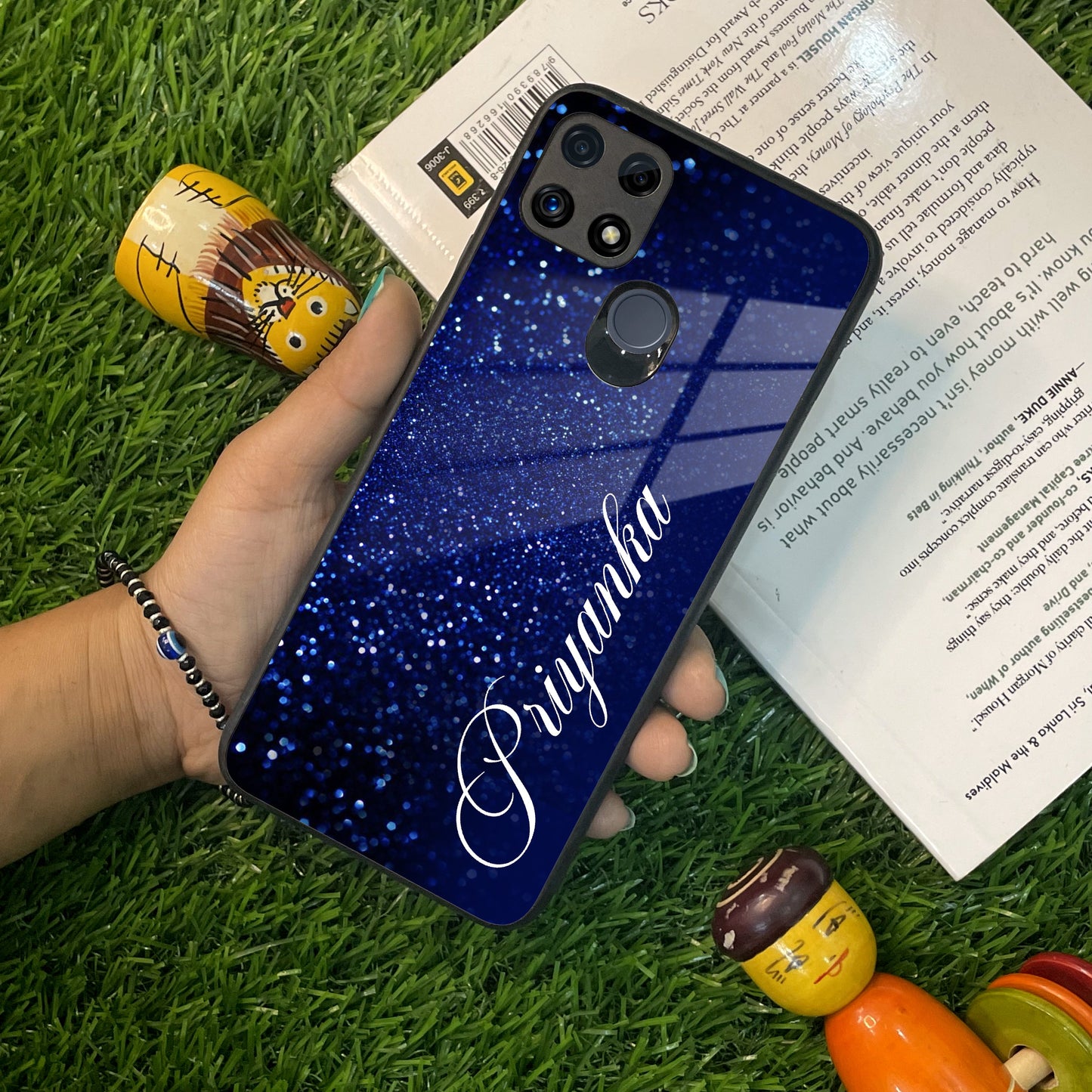 Blue Glitter Customize Glass Case Cover For Oppo