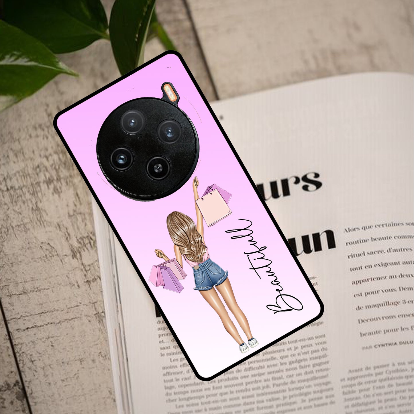 Girl With Bag Customize Name Glass Case For Vivo