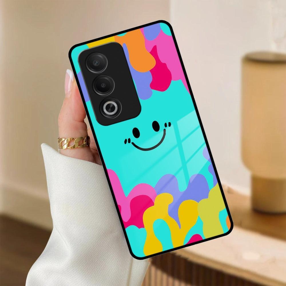 Cute Blue Smiley Multicolor Glass Case For Oppo