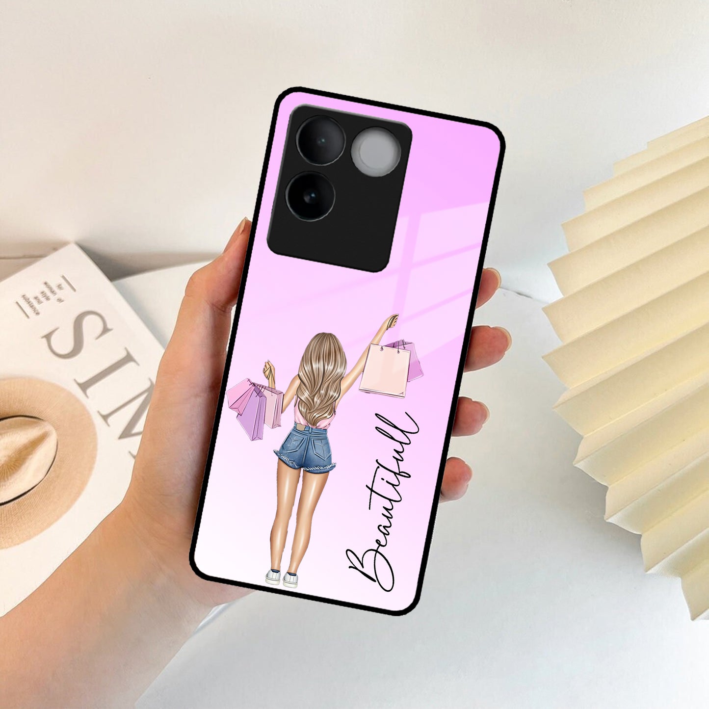 Girl With Bag Customize Name Glass Case For Vivo