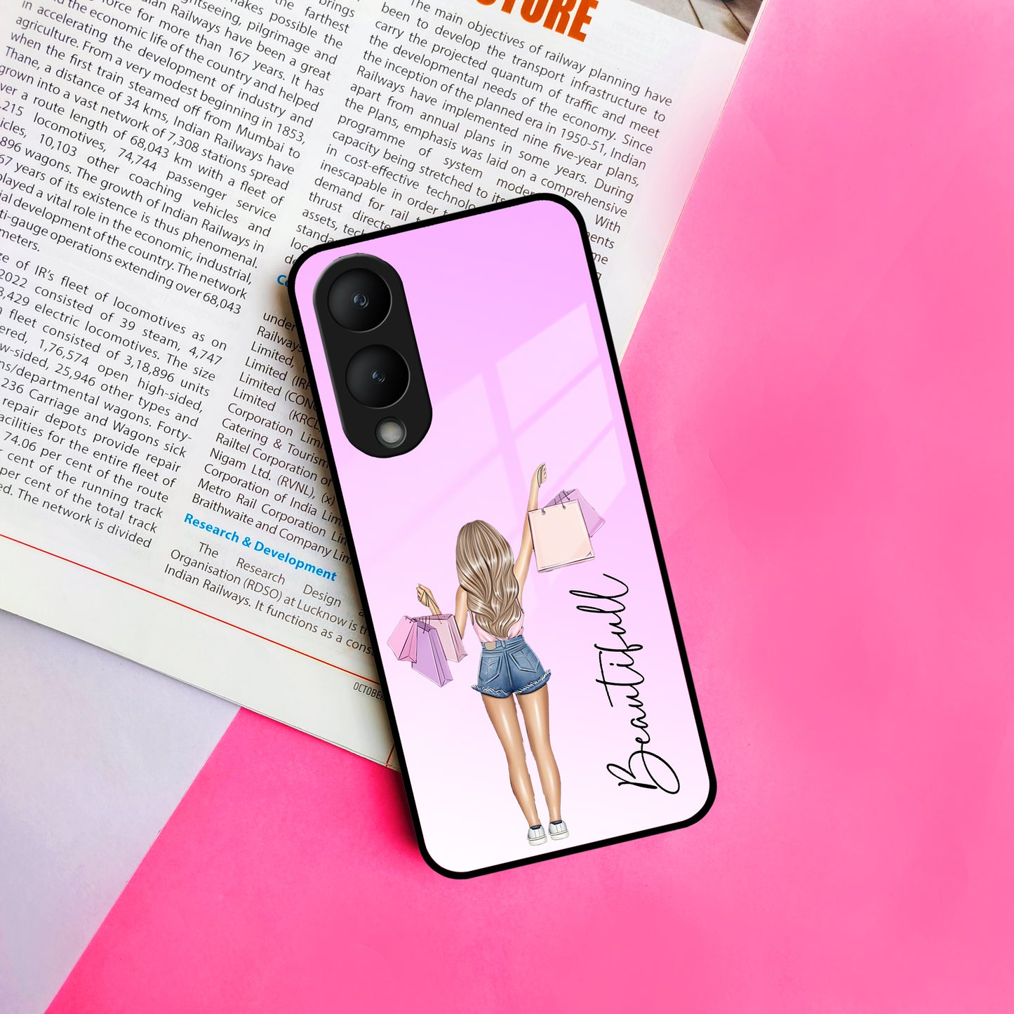 Girl With Bag Customize Name Glass Case For Vivo