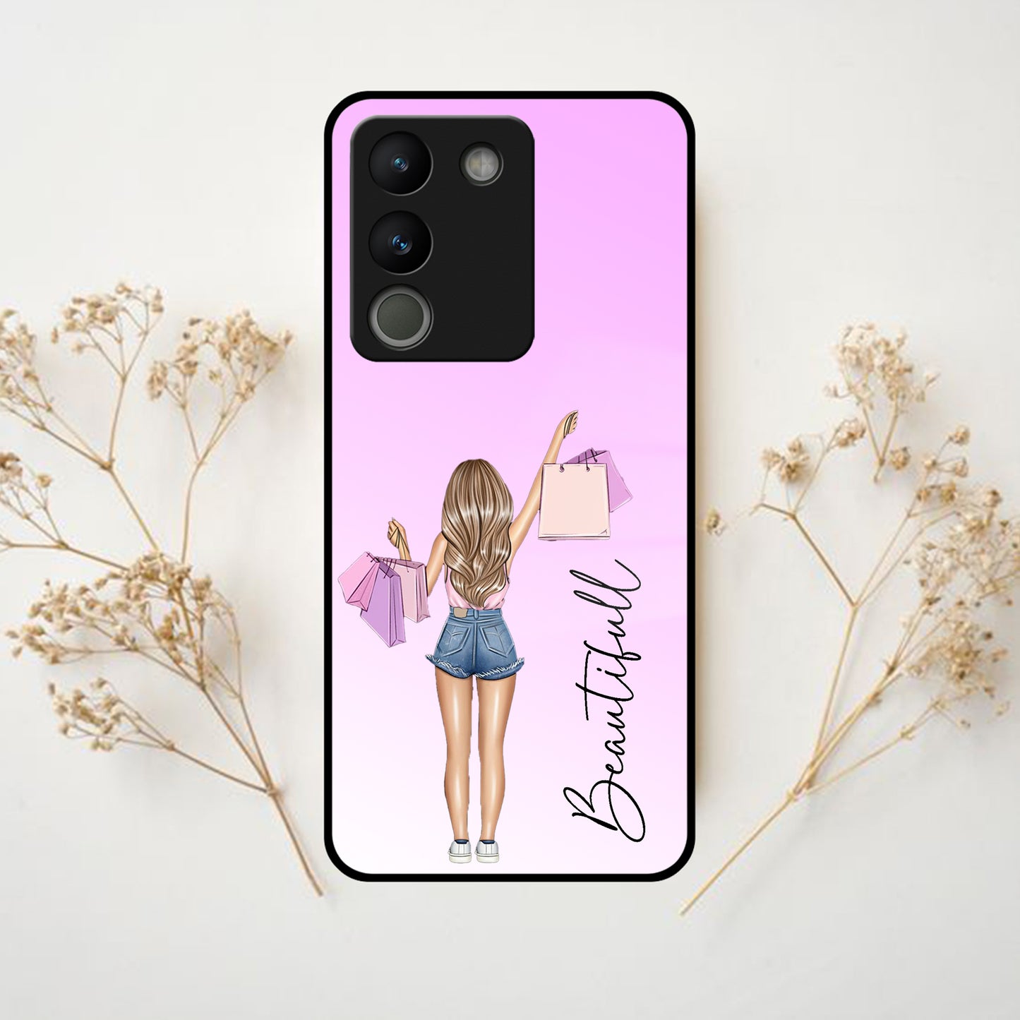 Girl With Bag Customize Name Glass Case For Vivo