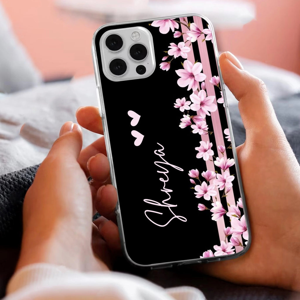 Pink Floral Customize Anti Yellow Clear Case For iPhone 16 Pro Max