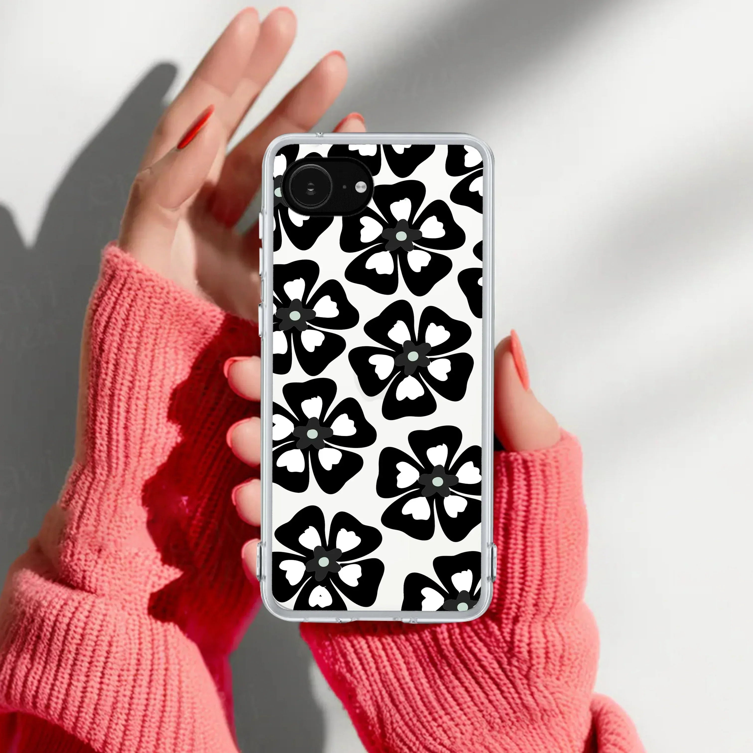 Black and White Flower Anti Yellow Clear Case For iPhone 17e