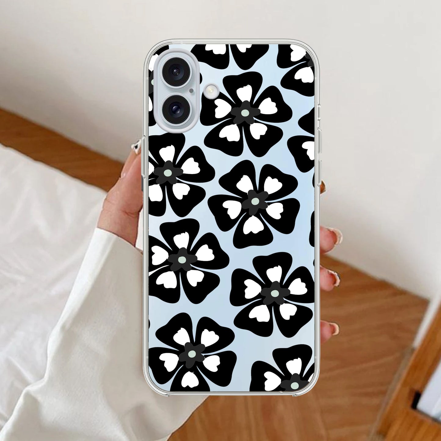 Black and White Flower Transparent Silicon case For iPhone