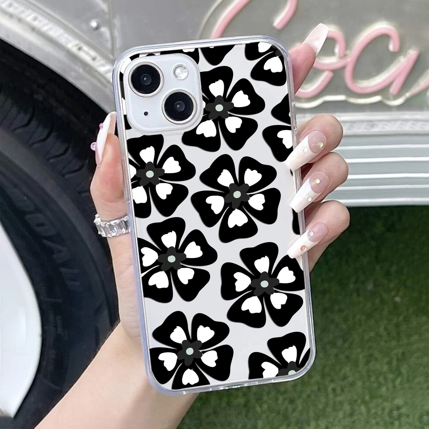 Black and White Flower Transparent Silicon case For iPhone