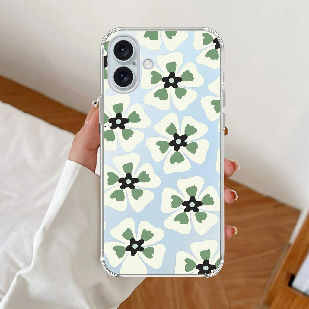 Black and Green Flower Anti Yellow Clear Case For iPhone 16 Plus