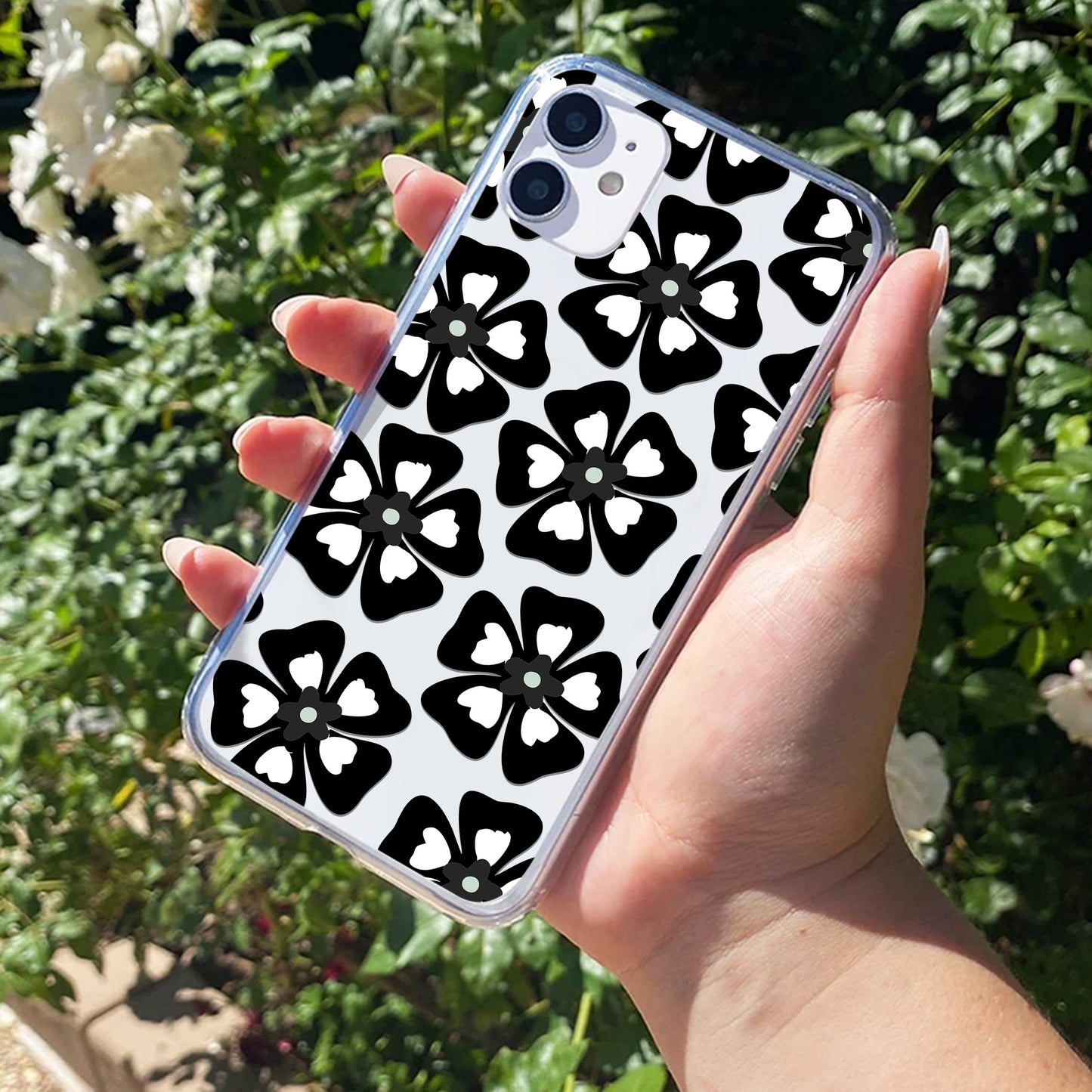 Black and White Flower Transparent Silicon case For iPhone
