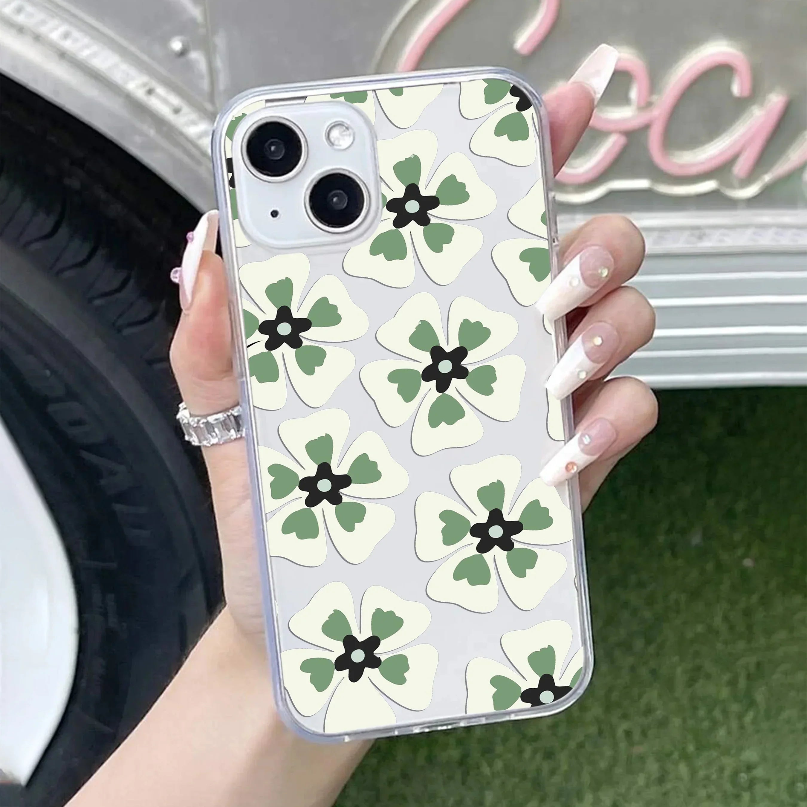 Black and Green Flower Anti Yellow Clear Case For iPhone 13