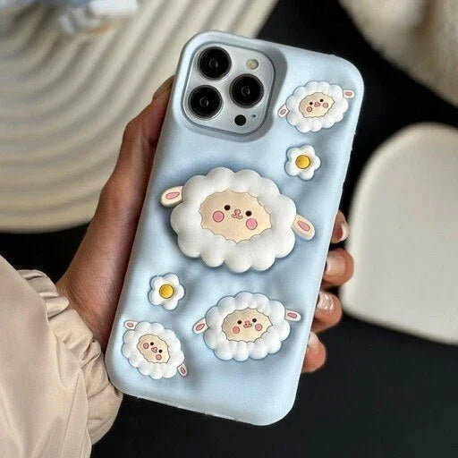 3D Cartoon Sheep Flock Case Funda Cotton Candy Cloud Pop Back Case with Holder - ShopOnCliQ